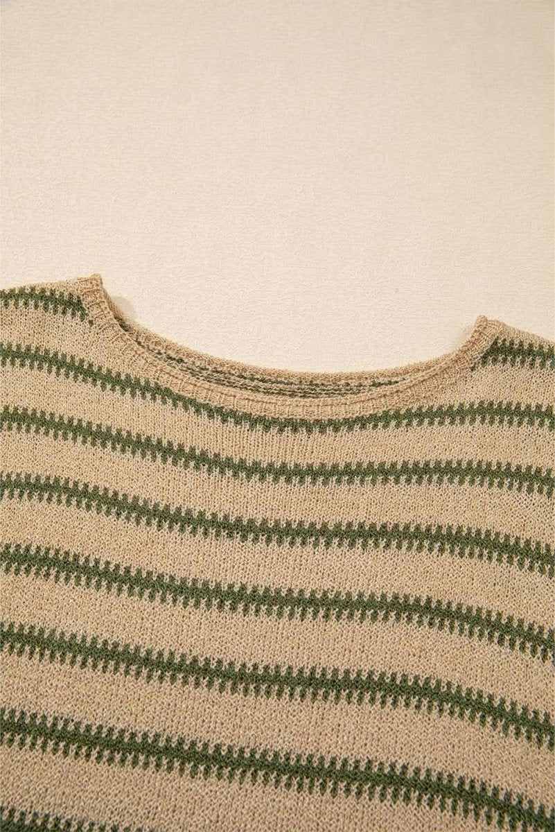 Khaki Stripe Drop Shoulder Casual Sweater - Love Salve